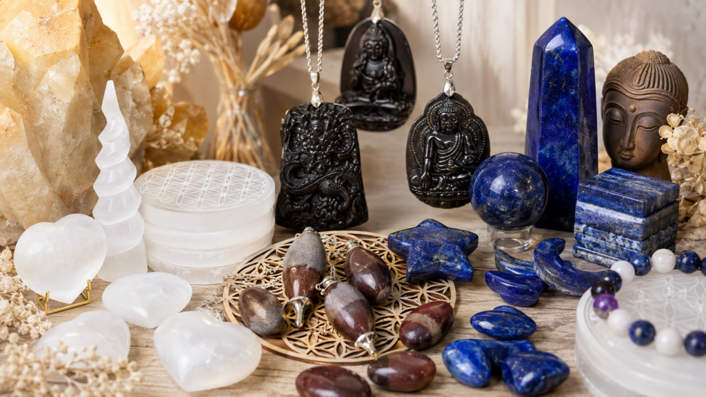 Minéraux, pendules, oracles et objets ésotériques présentés en boutique