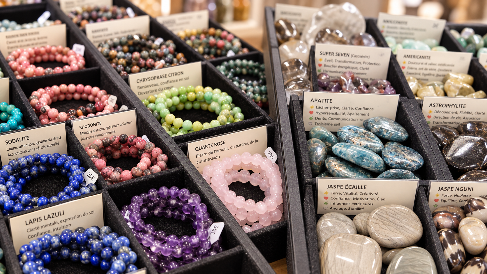 Bracelets en pierres naturelles et minéraux présentés en boutique
